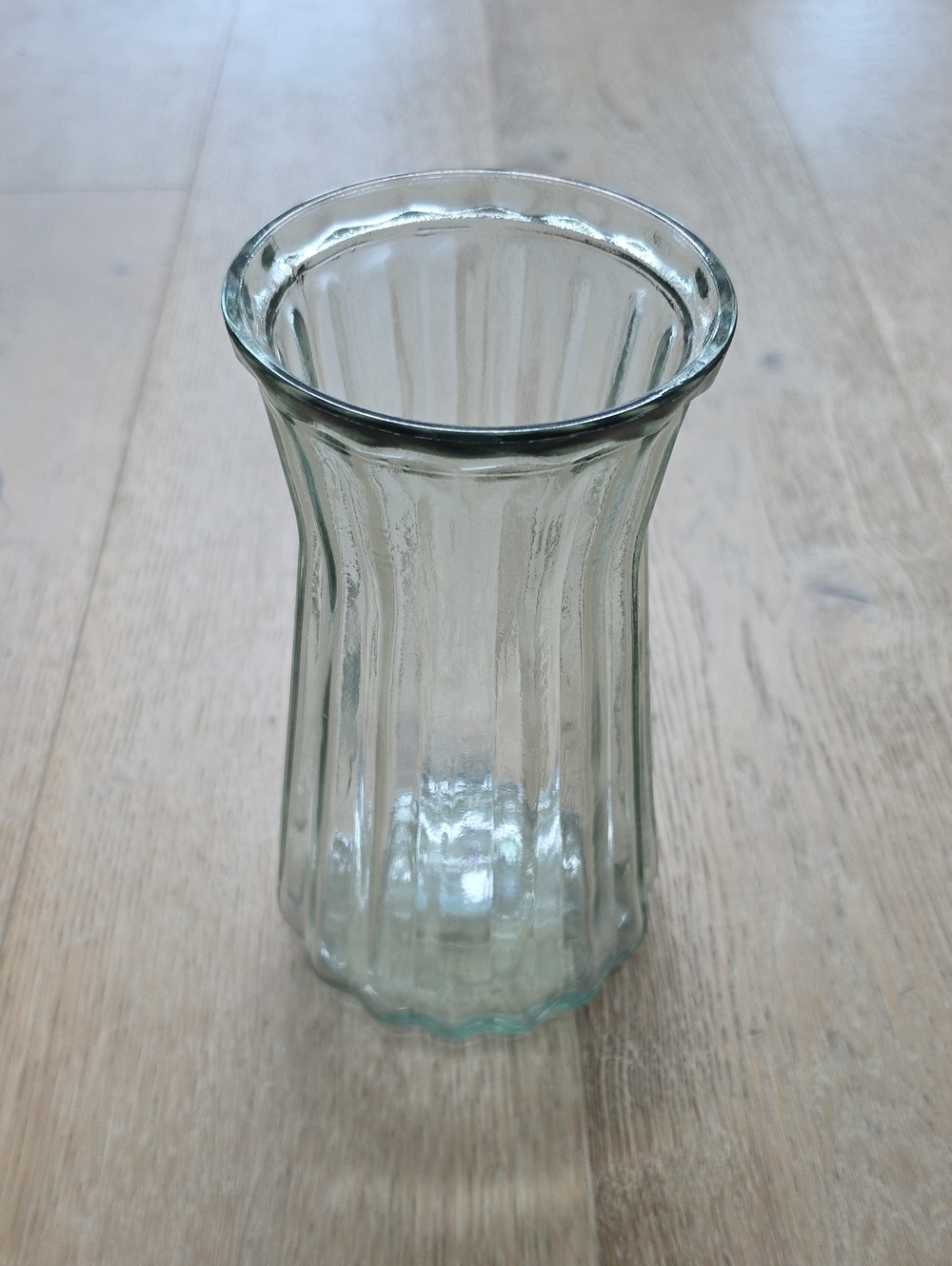 Clear Ribbed Glass Vase With Greenish Hue